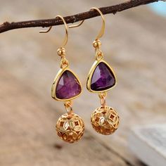 Natural Amethyst Royal Bohemian Earrings. Purple Dangle Brass Earrings, Amethyst Earrings For Party, Purple Brass Drop Earrings, Gold Amethyst Drop Earrings, Gold Amethyst Earrings For Parties, Purple Spiritual Drop Earrings, Spiritual Purple Drop Earrings, Royal Earrings, Purple Amethyst Earrings