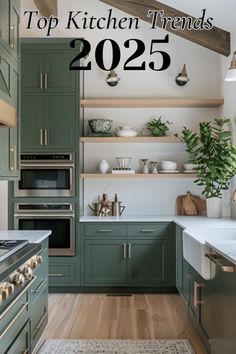 a kitchen with green cabinets and white counter tops in the center is an area rug that reads top kitchen trend 2055