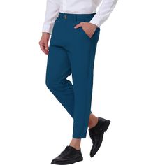 Lars Amadeus Solid Color Cropped Dress Business Pants for Men's Straight Fit Flat Front Suit Trousers. These pants feature a solid color and ankle-length design with a flat front, making them perfect for business settings. The stylish yet simple design is not monotonous and can be easily paired with your T-shirt, polo shirt, shirt, belt, and a pair of shoes to create either a casual or business style. Made from 100% cotton, these pants offer comfort and durability. Ideal for various occasions su Royal Blue Pants, Slim Suit Pants, Dress Business, Slim Fit Dress Pants, Slim Suit, Crop Dress, Business Pants, Business Style, Suit Trousers