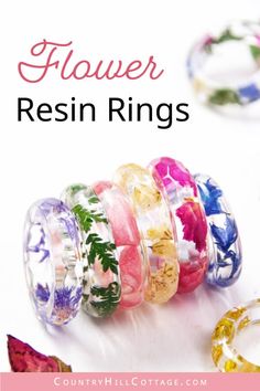 flower resin rings with text overlay