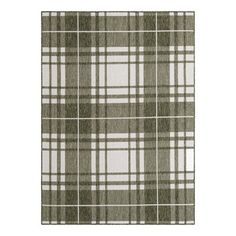 a rug with a plaid pattern in grey and white on the floor, against a white background