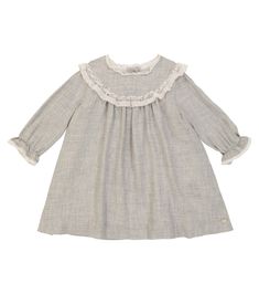 Look to Tartine et Chocolat for adorably sophisticated styles for your newborn, like this grey marl dress. It features long sleeves, an A-line silhouette and white lace details for a touch of charm. Classic Cotton Dress With Lace Collar, Classic Long Sleeve Dress With Lace Collar, Long Sleeve Cotton Dress With Lace Cuffs, Elegant Long Sleeve Dress With Crochet Trim, White Long Sleeve Dress With Crochet Trim, Burgundy Baby Dress, Taupe Toddler Dress, Marled Dress, Plaid Toddler Dress