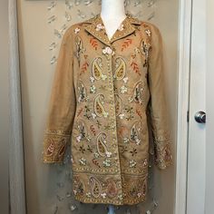 Comes New With Tags. Snap Front Closure. Lightweight. Lined. Some Like Marking At Back Of Left Sleeve (Pictured). May Be Removed With Spot Cleaning But I Have Not Personally Tried Myself. Size P14 But I Wear A Medium In Jackets And This Fits Me Nicely. Meaurments Included In Photos. Beautiful Embroidery Throughout. Vintage Embroidered Beige Outerwear, Vintage Beige Embroidered Outerwear, Vintage Beige Outerwear With Floral Embroidery, Fitted Embroidered Beige Outerwear, Fitted Beige Embroidered Outerwear, Paisley Jacket, Coldwater Creek, Beautiful Embroidery, Cold Water