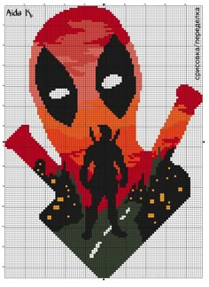 deadpool cross stitch pattern with an orange background