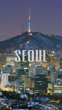 the words seoul in front of a cityscape with mountains and buildings at night