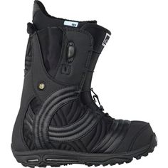 the snowboard boot is black and has a zipper