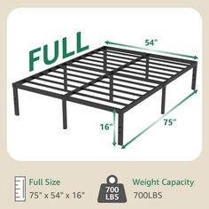 the full size bed frame is shown with measurements