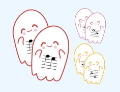 three cartoon ghost faces with guitar strings attached to them