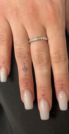 a woman's hand with a small star tattoo on her left thumb and finger