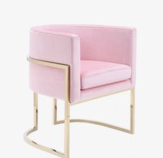 a pink chair sitting on top of a metal frame