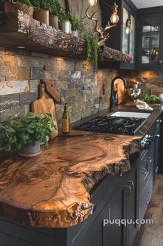 a wooden counter top in a kitchen next to a stove and sink with plants on it