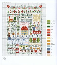 a cross stitch pattern with houses, trees and flowers on the bottom half of it