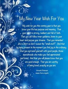 a blue and white christmas card with snowflakes on the bottom, and a poem below it