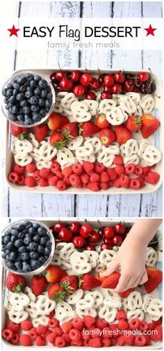 an american flag made out of pretzels, strawberries and blueberries on a tray