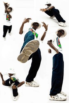 the man is posing with his skateboard in four different poses, all wearing white hats and blue pants