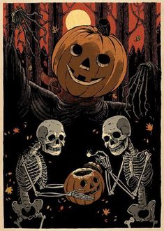 two skeletons sitting next to each other in front of a pumpkin