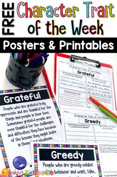 posters and printables for characters that are part of the character traits task, which includes