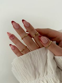 Red Almond Nails Aesthetic, Red Design Nails Almond, Marron Nails Acrylic Almond, Cherry Red Nails Acrylic Almond, Ted French Tip Almond Nails, Christmas Nails Trendy, Classy Gel Nails, Casual Nails, Soft Nails