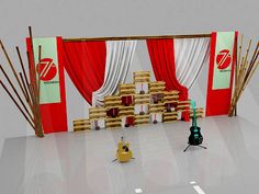 the stage is set up with red and white drapes, wooden pallets, and musical instruments