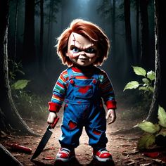 the chucky doll is standing in the woods