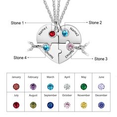 Personalized Heart-Shaped 4 Names And 4 Birthstone Friendship Necklace is made up of stainless steel and is silver in color. It has a long chain along with a pendant, each pendant has one part of heart-shape and can be customized by engraving a name on it along with a birthstone. When all these four parts are joined together, it makes a perfect heart-shape. It is an ideal gift for a group of four friends as each can have one necklace with their names on it. Features: Metals Type: Stainless Steel Ship Necklace, Mom Gifts Jewelry, Friend Ship, Bff Necklaces, Necklace Birthstone, Family Necklace, Heart Shaped Necklace, Friendship Necklaces, Stylish Necklace