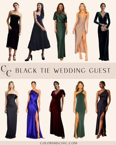 several different types of dresses with the words c's black tie wedding guest