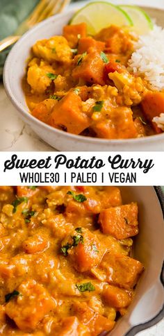 two plates with different types of food in them and the words sweet potato curry on top