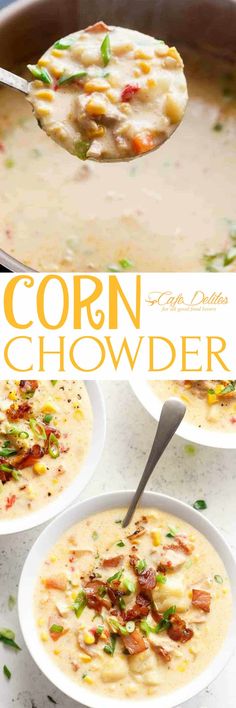 corn chowder soup in a white bowl with a spoon