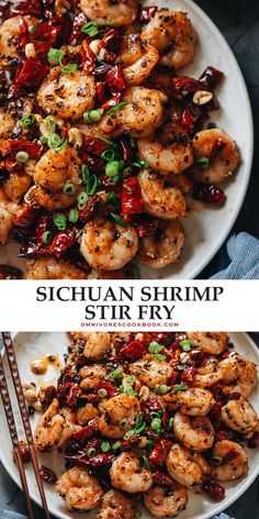 shrimp stir fry on a white plate with chopsticks