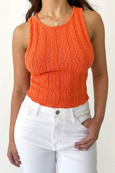 Megan Top Fitted Orange Tops, Fitted Cropped Orange Top, Fitted Orange Cropped Top, Spring Orange Stretch Tops, Orange Fitted Knit Top For Spring, Chic Fitted Orange Crop Top, Orange Fitted Crop Top For Spring, Fitted Orange Knit Top For Spring, Orange Stretch Tank Top For Spring