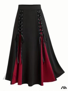 Zlily - Gothic High-Waisted Contrast-Trim Elastic Waist Midi Skirt Pola Rok, Rok Midi, Hipster Skirt, Plus Size Gothic, Detail Couture, Plus Size Goth