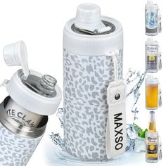 the water bottle is next to some bottles and ice flasks on a white background