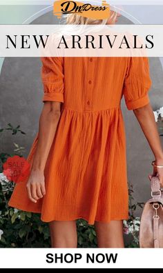 O Neck Puff Sleeve Swing Dress Legging Sport, Cotton Clothing, Puff Sleeve Dress, Solid Color Dress, Weave Style, Color Dress, Puffed Sleeves Dress, Color Shorts, Everyday Dresses