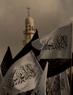 several black and white flags with arabic writing on them