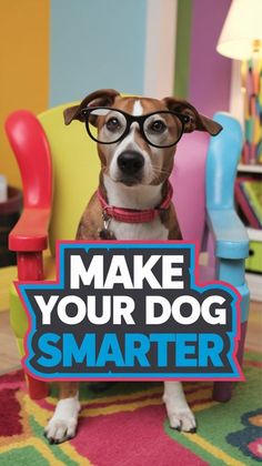 a dog wearing glasses holding a sign that says make your dog smarter