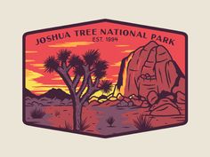 the joshua tree national park logo is shown in red and orange colors, with a desert scene behind it