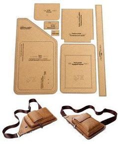 four pieces of brown paper with leather straps