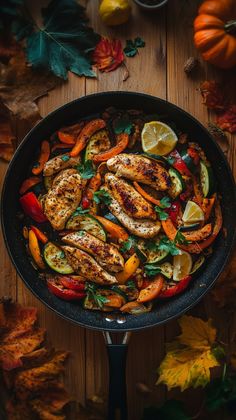 a skillet filled with chicken and vegetables on top of a wooden table surrounded by autumn leaves