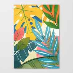 an abstract painting with tropical leaves and plants