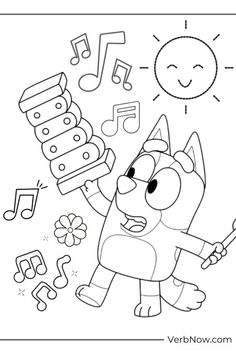 a coloring page with a cat holding a birthday cake and music notes in the background