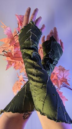 Wearable leaves! Don these deluxe leaf gauntlets to elevate your LARP, Ren Faire, or fantasy costume. Made out of a polyester/spandex stretch taffeta with extra embroidery details and glass rhinestones for some dewy sparkle. Last day to order in time for Halloween: OCT 20TH NEW FALL COLORS: Sugar Maple, Pumpkin, Cauldron Additional colors coming soon! Approx. 15 inches long from tip to tip.  Looking for a different color? Contact me for a custom listing! Long & Short Leaf Gauntlets are also avai