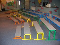 the benches are made out of lego blocks