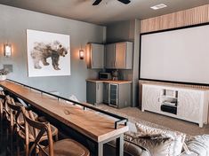 a living room filled with furniture and a flat screen tv mounted to the side of a wall