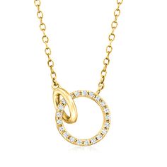 Ross-Simons - .10ct t. w. Diamond Circle, Loop Necklace in 14kt Yellow Gold. 16". RS Pure. Modern designs that complete your outfit and complement your personality. The simple style you've been looking for! Our dainty necklace sparkles with a .10 ct. t. w. round diamond-studded circle held at one side by a loop for a contemporary look in polished 14kt yellow gold. Cable chain with a 2" extender. Lobster clasp, diamond circle and loop necklace. Diamond birthstones are the perfect gift for April b Loop Necklace, Wedding Ring Necklaces, Diamond Birthstone, Diamond Jewelry Necklace, Necklace Diamond, Circle Diamond, Natural Gold, Fine Jewellery Necklace, Dainty Necklace