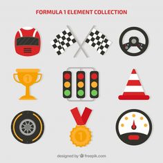 a collection of racing related items on a white background with the text formula 1 element collection