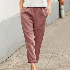 Women's Elastic Waist Casual Pants Solid Color Large Pocket Cotton Linen Straight Pants Features: 1.It is made of high quality materials,durable enought for your daily wearing. 2.Perfect Match with you, etc. 3.Great for party,Daily,Beach,I am sure you will like it. 4.Put on this pants to make you look more beauty. 5.Every day with it is super happy. Product Description: Season:Summer Gender: Women Occasion:Daily Material:Polyester Pattern Type:printing Length:Long Thickness:Standard Package include:1PC Women Pants Size: M.  Color: Red.  Gender: female.  Age Group: adult. Cotton Linen Trousers, Capri Cargo Pants, Casual Linen Pants, Cotton Linen Pants, Linen Casual, Weave Style, Straight Trousers, Pantalon Large, Loose Pants