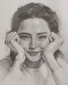 a pencil drawing of a woman with her hands on her face