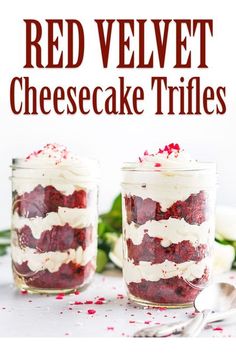 red velvet cheesecake trifles in jars with spoons