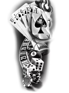 a black and white tattoo design with playing cards, dice and poker chips on it