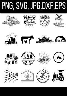 various farm logos and emblems are shown in black and white, with the words png svg, jgo, dxfeps